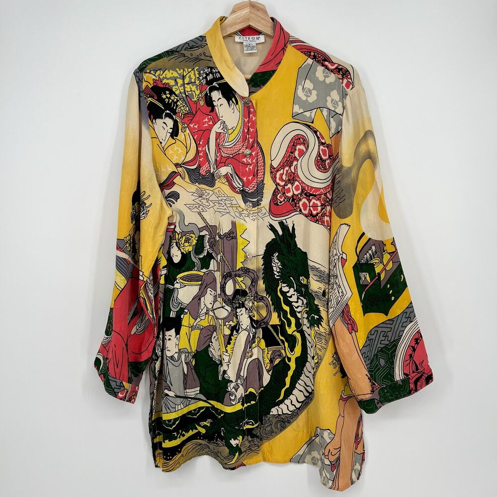 Citron Santa Monica Silk Button Tunic Asian Novelty Print Womens L Yellow Dragon